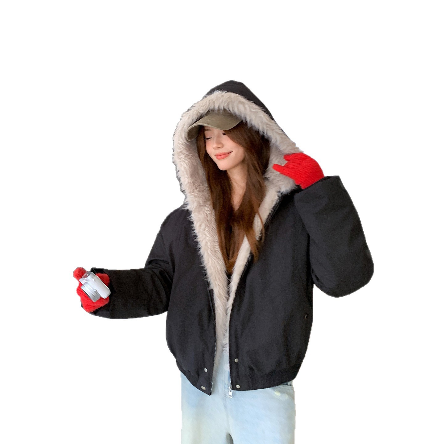 Cross-border hip-hop abrigo de cuello de lana mujer 2025 invierno pequeño engrosado algodón con capuchón diseño sensación de algodón corto