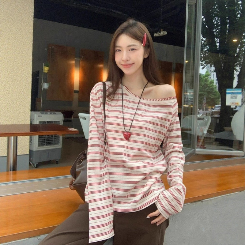 Trendy Loose-Fitting Long-Sleeve T-Shirt with Decorative Stitching for Women, Autumn New Fashion, Slimming Versatile Top