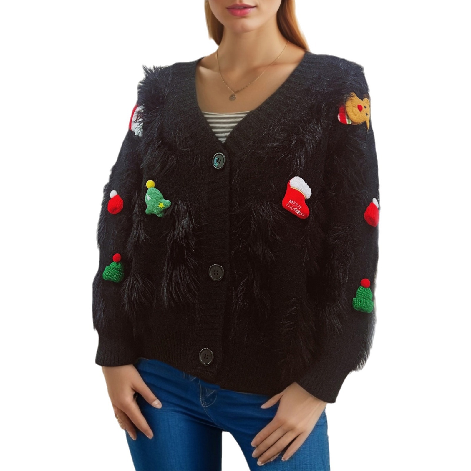Damenbekleidung Roter Neujahrs-Weihnachtspullover Nerzsamt Weihnachts-Dreidimensionale Dekoration Einreihige Strickjacke Jacke Für Damen_voghion.com