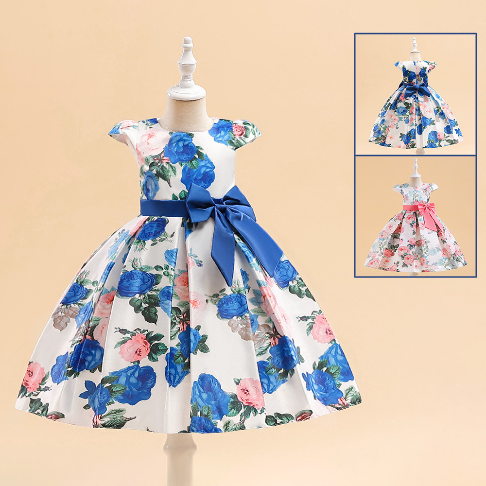 Amazon new printed bowknot girls' dress, European and American sweet cute satin puff-sleeve mid-child dress