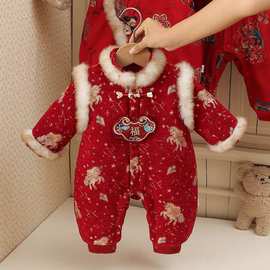 冬季加绒加厚婴儿连体衣女宝宝拜年服红色盘扣毛领喜庆满月礼服潮