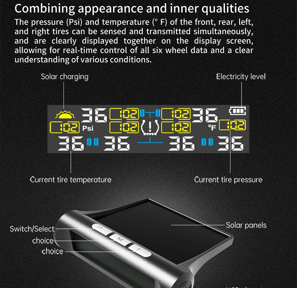 Ty01-6 Wheel-Mounted Tire Pressure Detector Solar-Powered Tire Pressure Monitoring High-Precision Wireless Rv Tire Pressure Tpms