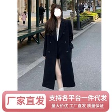 St赫本风黑色毛呢外套女装秋冬2023年新款韩版小个子中长款呢子大