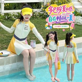 泳装女童2026新款夏季洋气时髦中大童儿童多巴胺时尚拼色连体泳衣