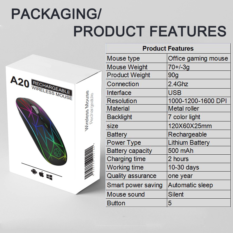 A20 ratón Bluetooth inalámbrico de doble modo de carga luminosa RGB juego Oficina 5 teclas rodillo de metal transfronterizo modelo privado