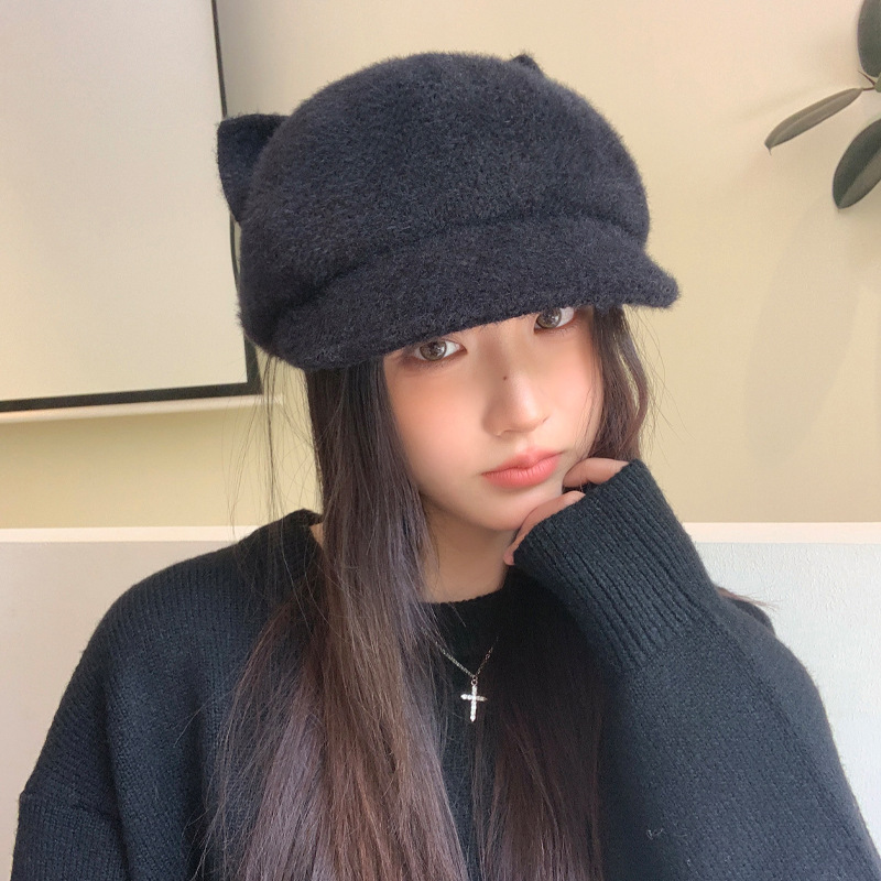 新款韩版秋冬帽子女款鸭舌八角帽猫耳朵防风保暖显脸小百搭大帽檐|undefined