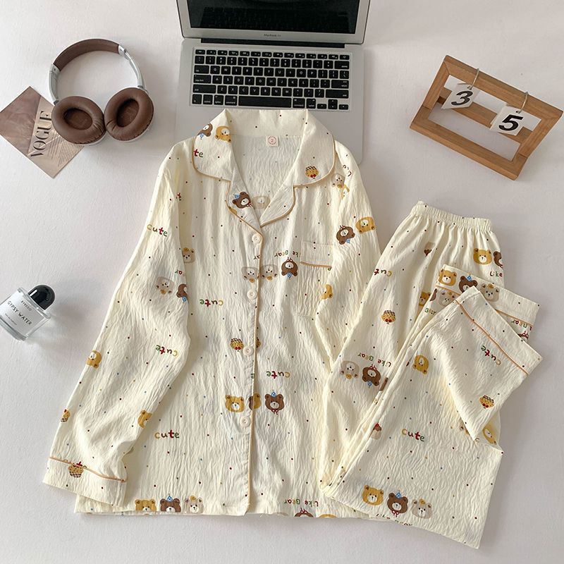 Al por mayor transfronterizo otoño nuevo pijama de manga larga nube de algodón de dibujos animados ropa doméstica de mujer se puede usar con un lindo conjunto de solapa