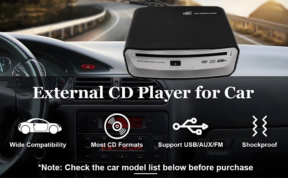 Universal car CD player with lossless USB connection, in-dash CD player with FM transmitter and AUX output box
