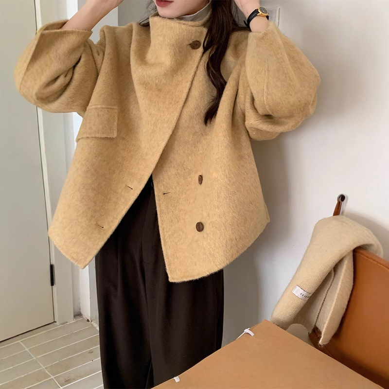 6801 Korean Style Ins Style Personalized Design Loose Stand-Up Collar Wool Coat for Women 25 Years Autumn and Winter New Style for Small People