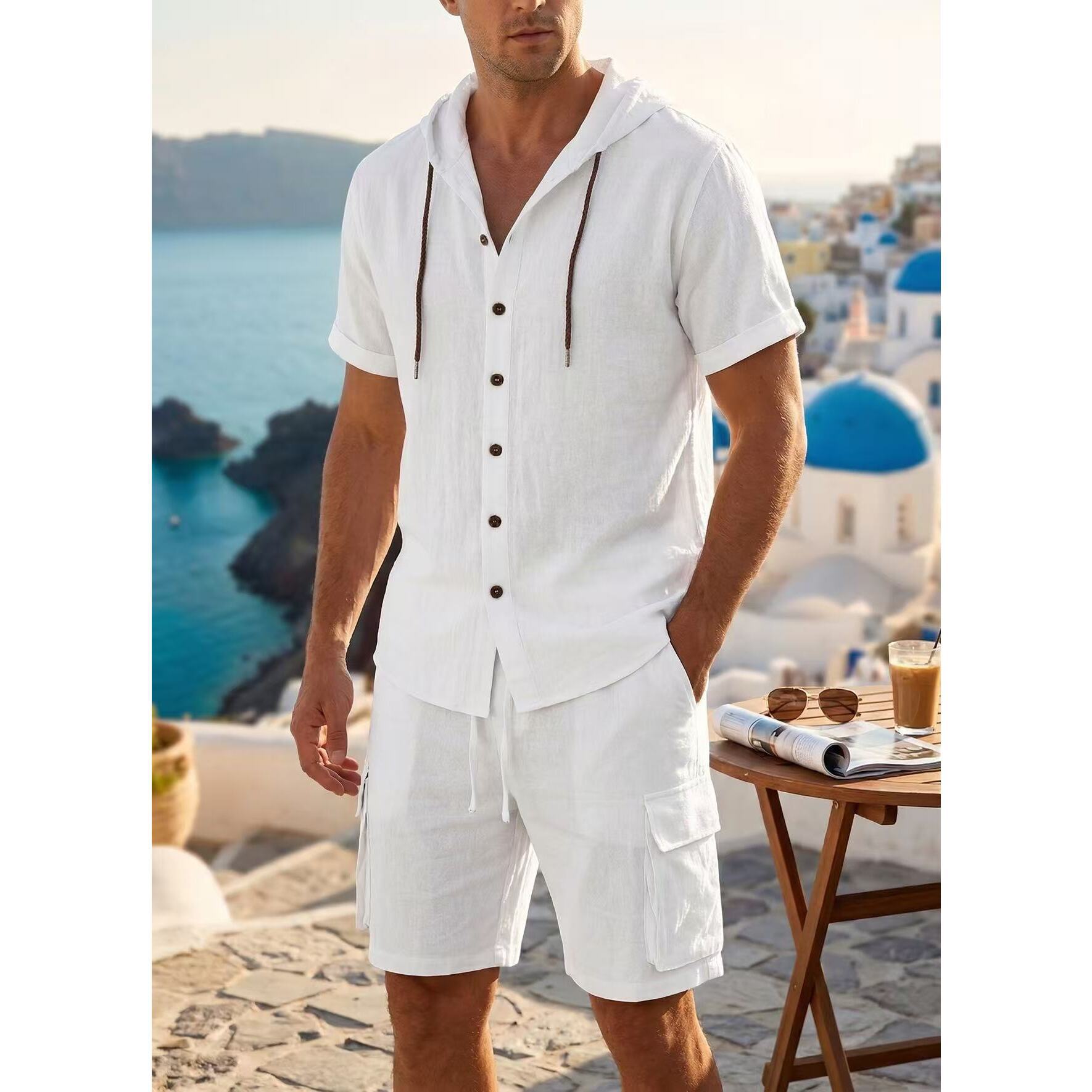 Cross-border European and American style men's summer hooded short-sleeved casual loose breathable fashion plus size suit