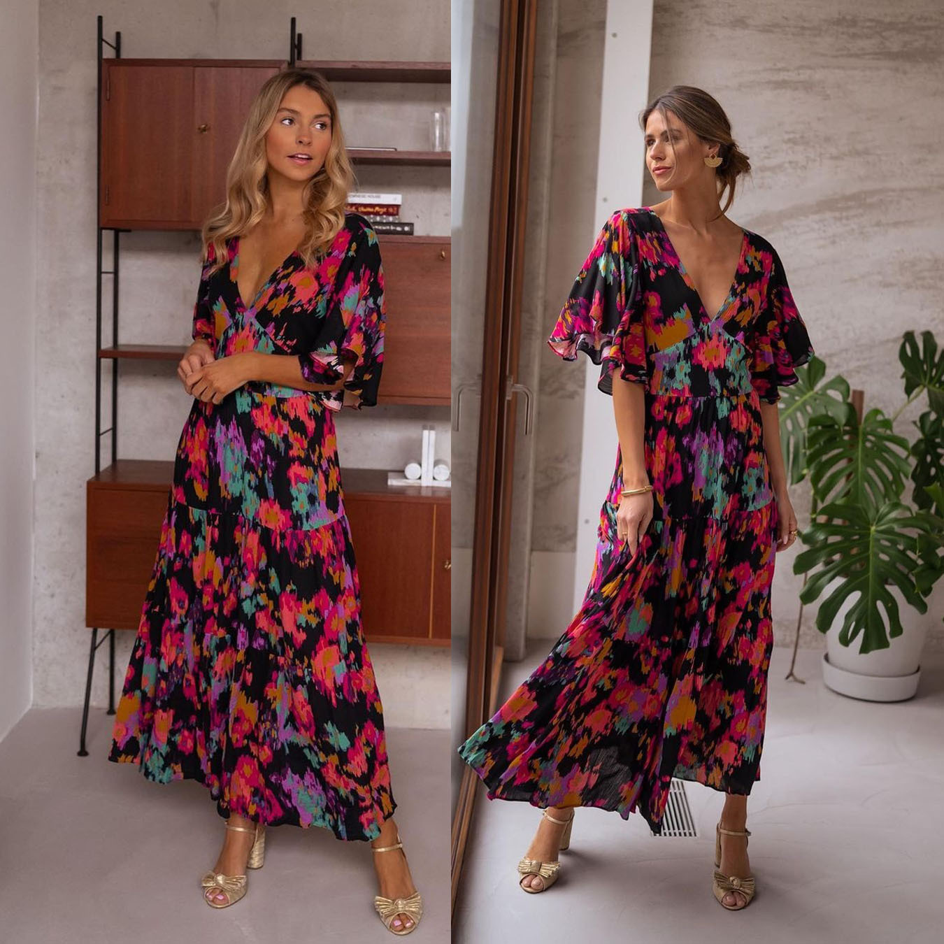 Women's A-line Skirt Casual V Neck Printing Patchwork Short Sleeve Flower Maxi Long Dress Daily display picture 1