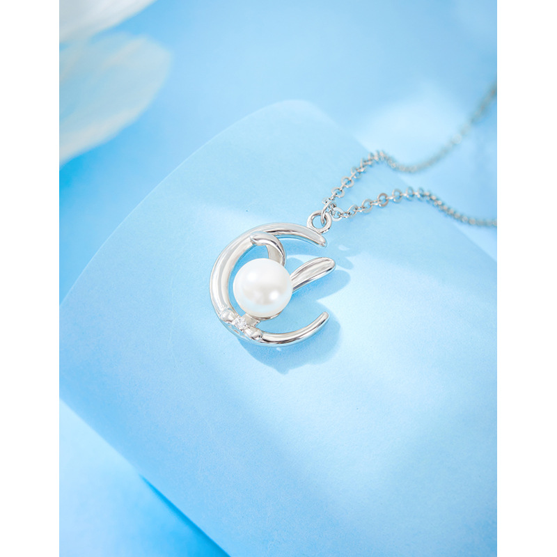 S925 plata esterlina perla Luna conejo collar femenino nicho diseño nuevo zodiaco conejo colgante cadena clavícula