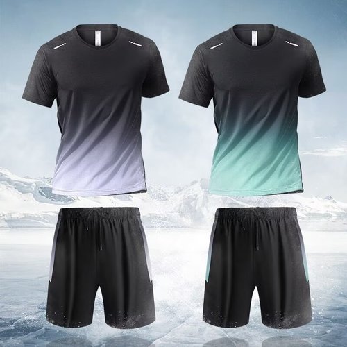 Foreign trade leftover set: short-sleeved T-shirt and ice-silk quick-drying basketball/running shorts—men's casual sportswear.