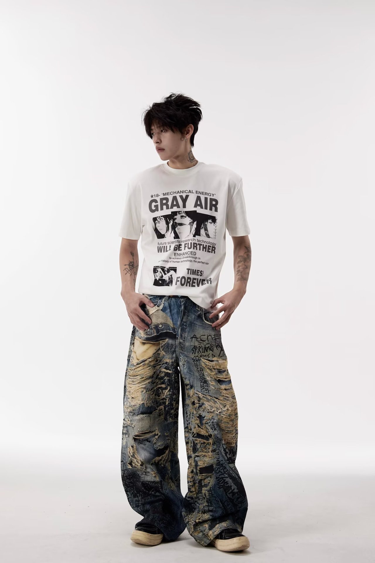 Herren Graffiti Destroyed Jeans Gerade Lockerer Streetstyle_voghion.com