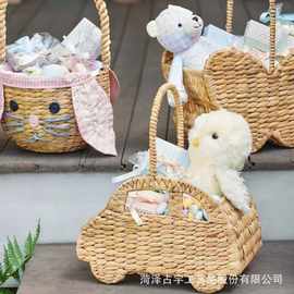 跨境水葫芦草编收纳篮小汽车造型手提零食水果筐儿童婚宴手提花篮