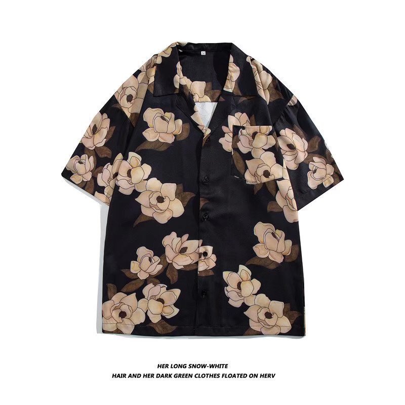 Summer Vintage Oil Painting Flower Shirt Men's Short-sleeved Cuban Collar vintage Shirt Hawaiian Loose Couple Jacket