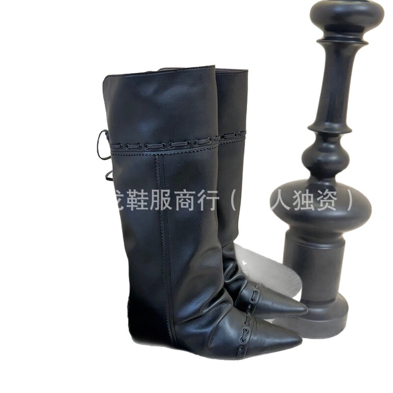 高版小众2025秋冬真皮尖头复古可折叠两穿流苏长筒靴褶皱堆堆靴女|undefined