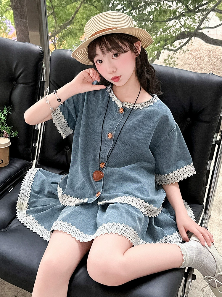 Летний ретро denim набор, мини-юбка, для подростков, с коротким рукавом