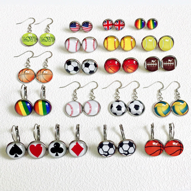 欧美跨境热销棒球耳环运动个性潮流网球篮球足球耳钉扑克彩虹耳饰
