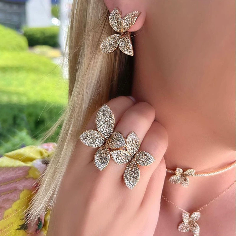 Комплект украшений с лепестками любви, элегантные и высококачественные серьги с бриллиантами, кольца, аксессуары для банкетного платья