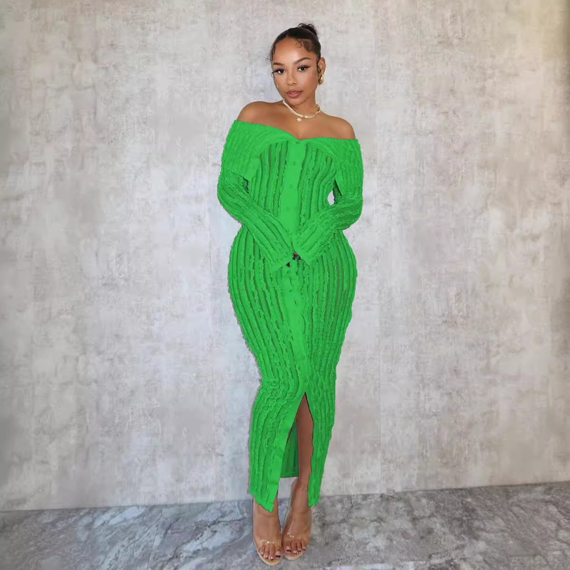 Amazon Explosions European and American Fashion Elegant One-word Collar Sexy Bag Hip Skirt Design Sense Wave Pattern Long Sleeve Dress