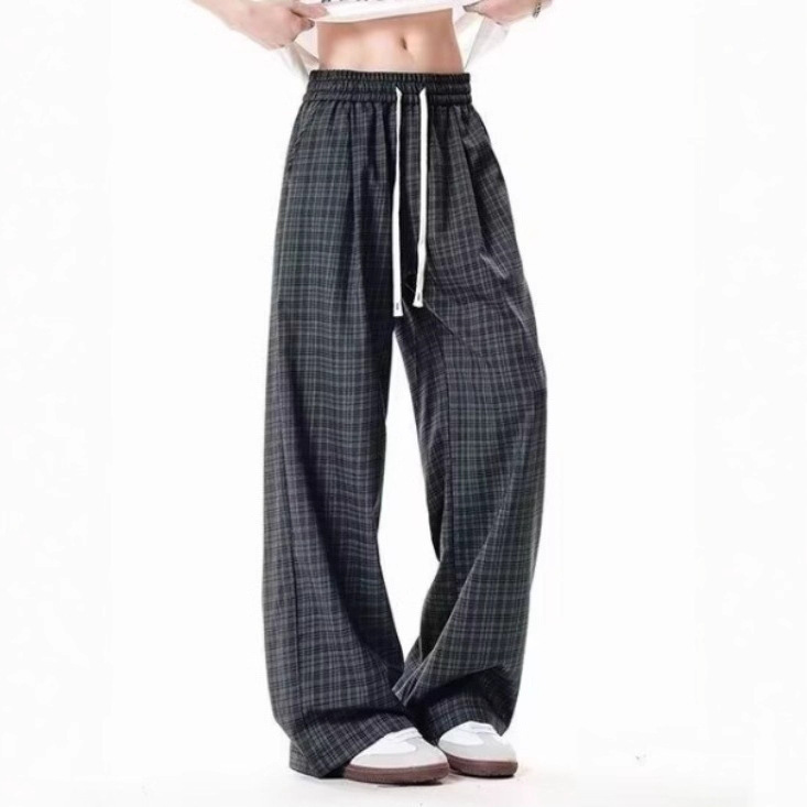 Cleanfit Gray Plaid Pants Men's Summer Thin Loose Lazy Pants American Casual Wide-Leg Straight Pants