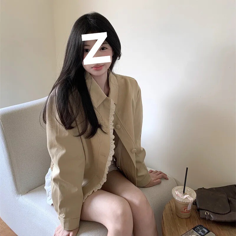 Lace Design Patchwork Lapel Short Jacket 2025 Spring and Autumn New Lace Khaki Baseball Jacket Lace Design Patchwork Lapel Short Jacket 2025 Spring and Autumn New Lace Khaki Baseball Jacket