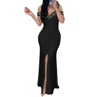 2023 European and American Foreign Trade women's clothing elegant rhinestone off-the-shoulder slim high waist hip split dress