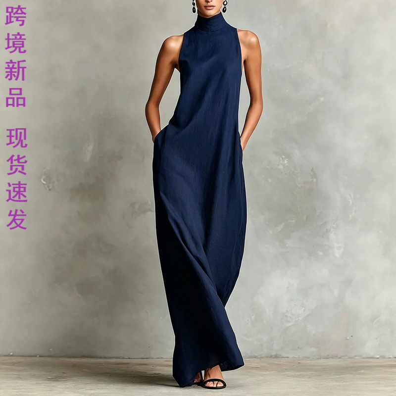 2026 Cross-Border European and American Summer High-Neck Sleeveless Long Dress, Loose and Simple Casual Style Long Women's Dress in Stock 2026 Cross-Border European and American Summer High-Neck Sleeveless Long Dress, Loose and Simple Casual Style Long Women's Dress in Stock