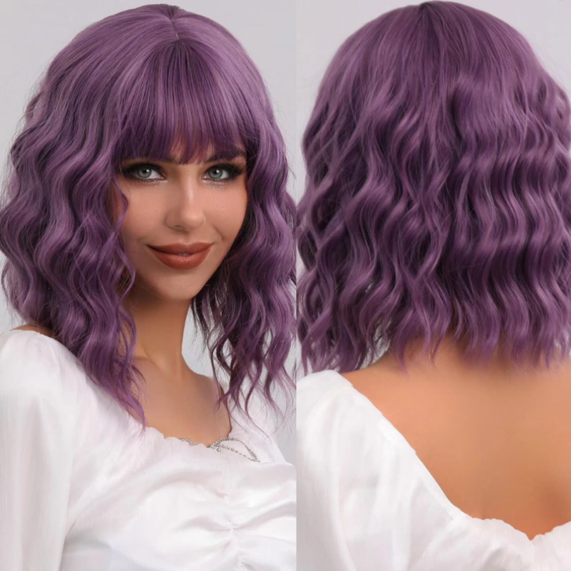Wholesale cross-border foreign trade chemical fiber headgear, mechanism-parted purple water ripple short curly hair with bangs and bob wigs_voghion.com