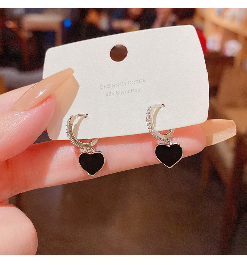 Sterling Silver Needle Black Drop Oil Love Pendant Earrings for Women