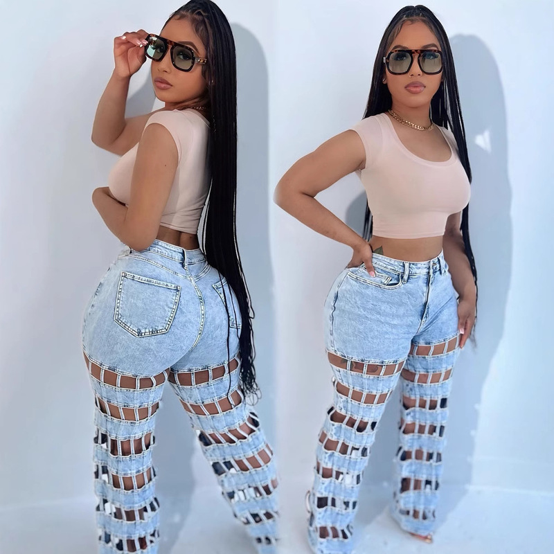 European and American Women's Ripped Jeans Amazon Cross-border Women's New Street Fashion Hollow High Waist Straight Pants