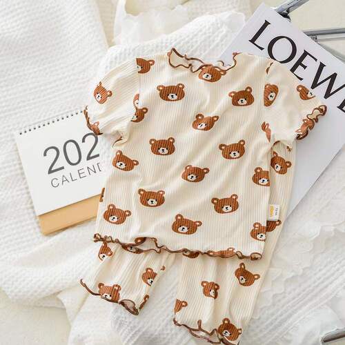 Ice Silk  Summer New Women's and Children's Outerwear Short-Sleeve Floral Set Baby Summer Outfit Two-Piece Han Style Pajamas