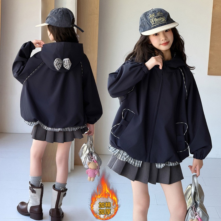 Girls' Coat Autumn/Winter 2026 New Stylish Thick Hooded Color-Block Plaid Jacket for Older Children