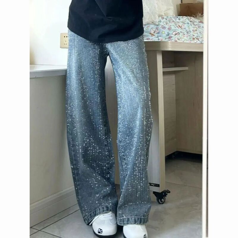 American-Style Sparkling Rhinestone-Studded Starry Sky Flare Jeans, High-Waisted, Slimming, Loose Straight-Leg Wide-Leg Floor-Length Pants