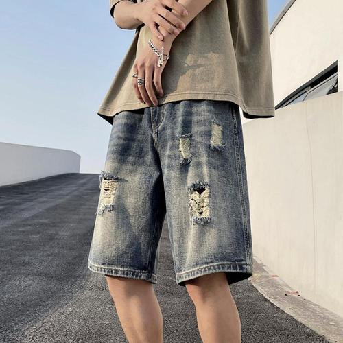 American casual retro ragged hole denim shorts for men loose trendy cool five-pocket shorts summer thin middle pants