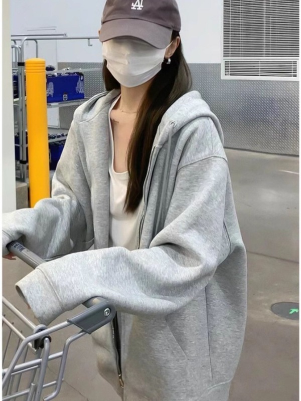 连帽卫衣外套女春秋季2025新款宽松遮肉显瘦浅灰色小个子运动开衫|undefined