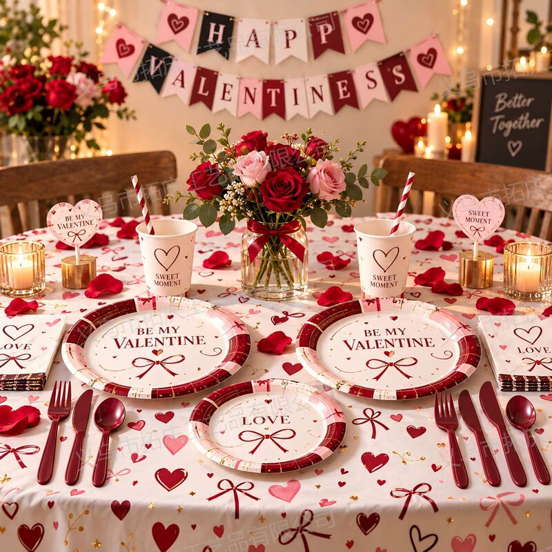 Bowknot Valentine's Day Party Tableware Set Heart Print Disposable Paper Plates and Cups Set