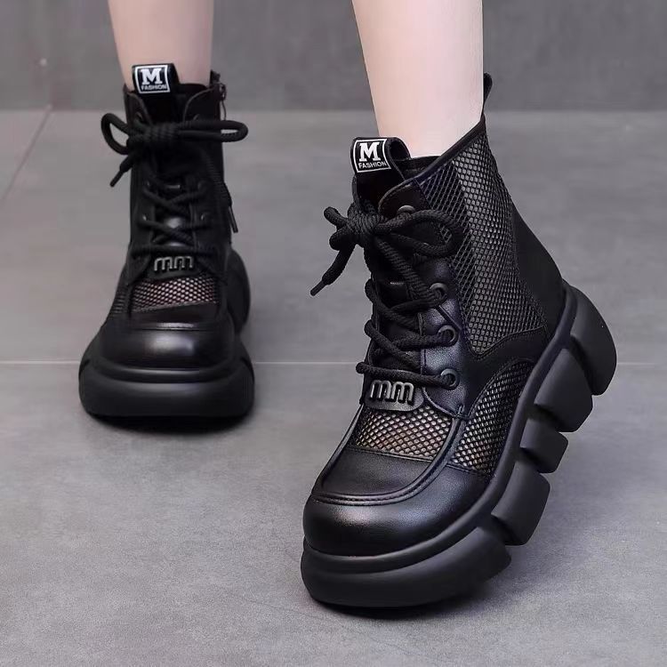 Botas delgadas de verano para mujeres con faldas de botas de cuero 2024 botas frías redondas de malla gruesa para mujeres botas de malla transpirables