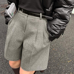 女性用アメリカンスタイルウールショートパンツ、2025年秋冬新作、小柄な人向けハイウエストアウターウェア、Aラインワイドレッグパンツ