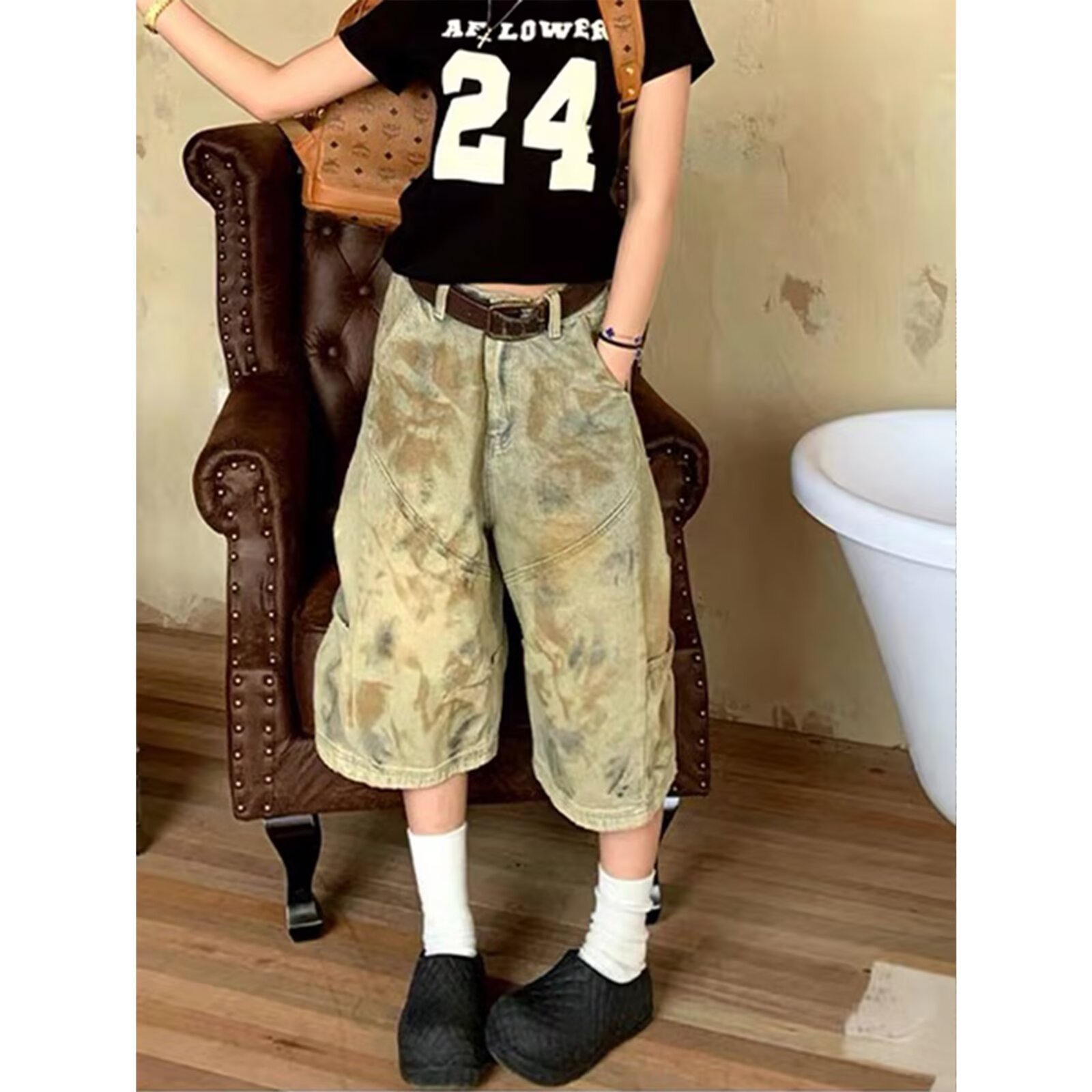 American Style Retro Washed Dirty Dye Old Denim Shorts Men's Summer Street Puppies Handsome Loose Casual Wide Leg Cropped Pants