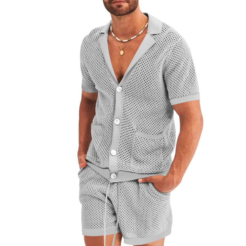 Traje de verano de ropa de hombre transfronterizo de Amazon de malla europea y americana de punto casual camiseta de solapa pantalones cortos de manga corta ropa de hombre