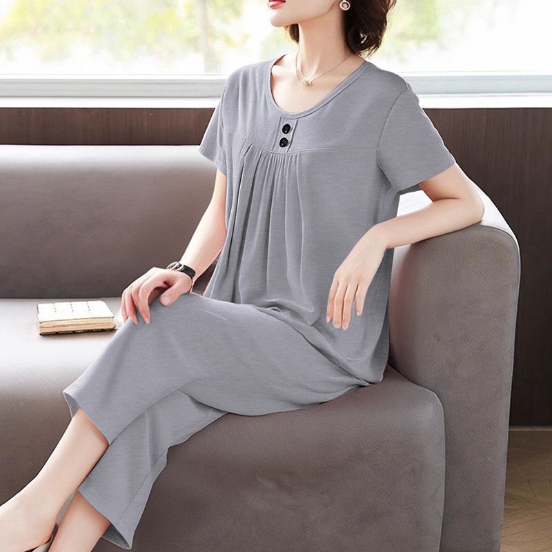 Summer New Suit Women's Comfortable Casual Home Suit Short-Sleeved Three-Quarter Pants Loose Large Size Two-Piece Women's Clothing