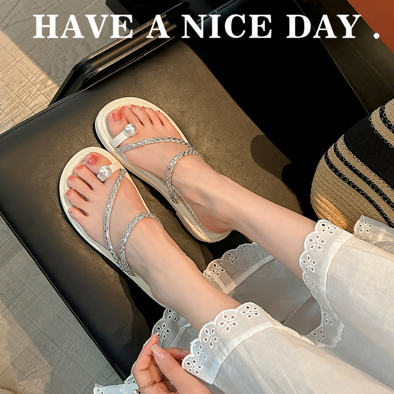 El mismo estilo de Su Yinyin, hojaldre de perlas, chanclas de perlas, sandalias de playa planas, zapatillas de mujer, verano