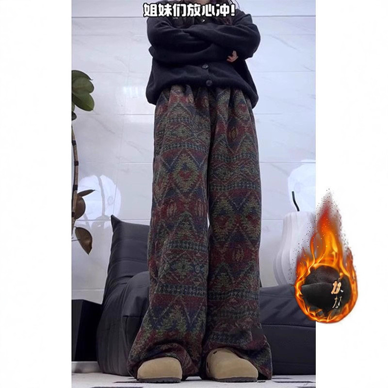 New Chinese Style Dirty Style Pants for Men and Women in Autumn and Winter Plus Velvet Wide-Leg Pants Straight Casual Pants Loose Flat Pants