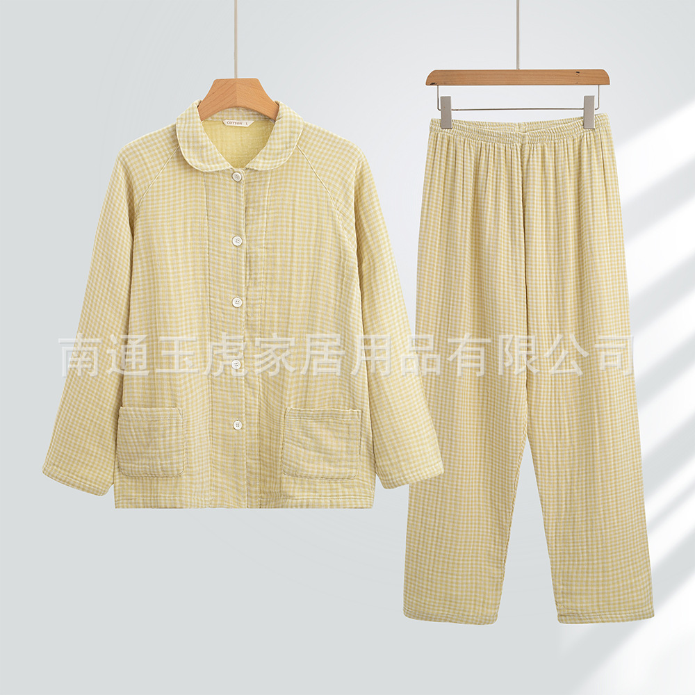 新品无印全棉四层纱睡衣女款情侣加厚双层纯棉家居服长袖长裤套装