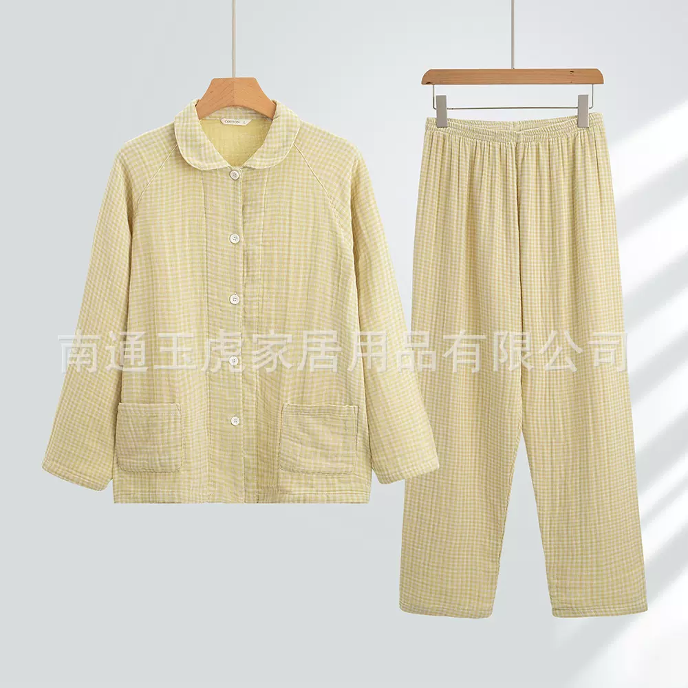 新品无印全棉四层纱睡衣女款情侣加厚双层纯棉家居服长袖长裤套装