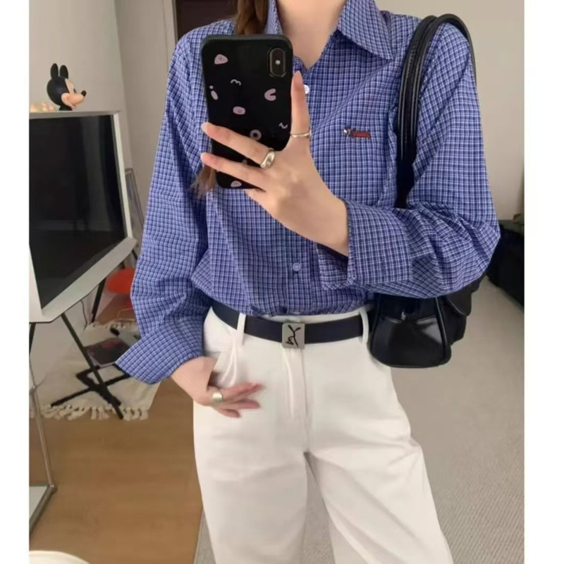 Home Factory in stock Puppy Embroidery Design Sense Blue Plaid Shirt Niche Long Sleeve Loose All-match Top