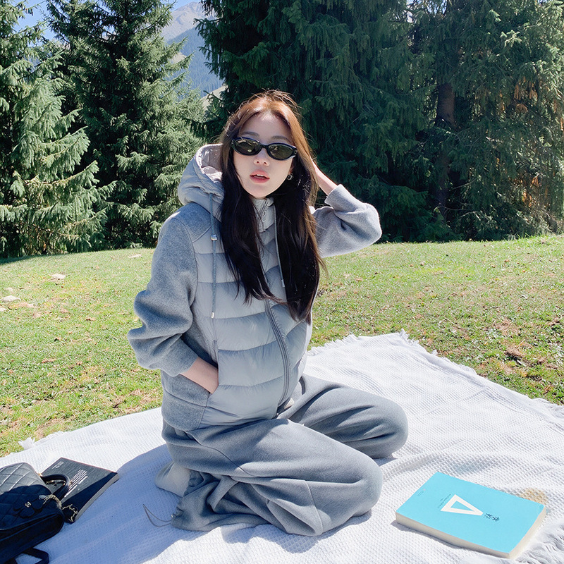 50Erli Brand "Saihu Xuebao" Layered Sweatshirt with Fake Two-Piece Design, Short Style, White Duck Down, Warm