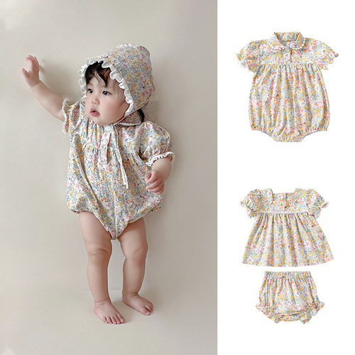 2024 summer baby fashionable girls floral princess bag fart clothes baby sweet crawling clothes baby short-sleeved suit